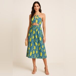 TANYA TAYLOR Tropical Print Cutout Halter Midi Dress Size 2